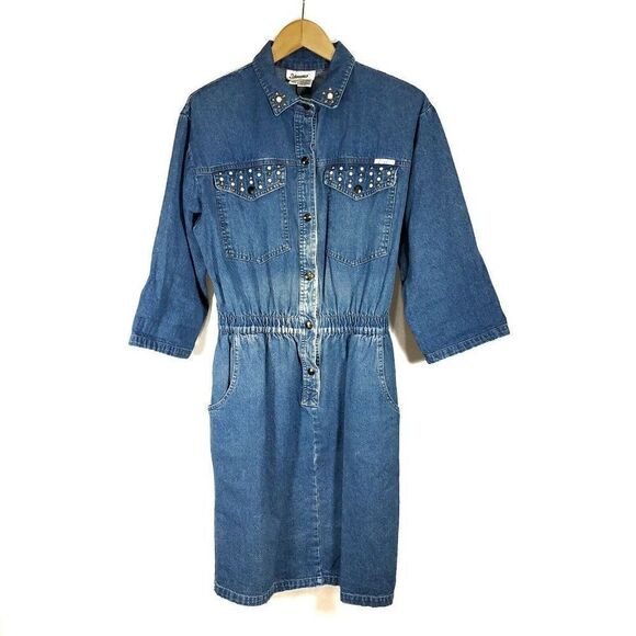 𝅺VINTAGE DREAMS Denim Dress Blue Shoulder Pads Cinched Elastic Waist Large - Picture 1 of 8